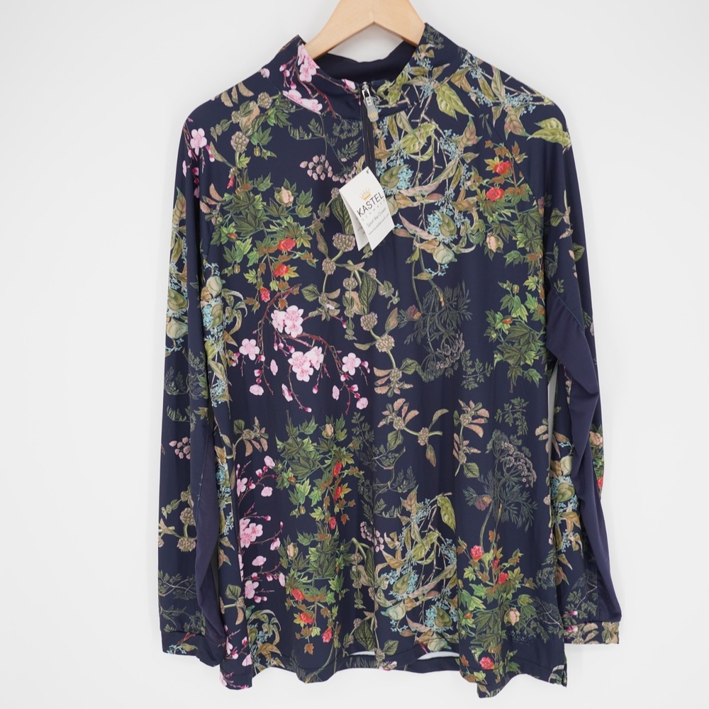 Kastel Denmark 1/4 Zip Pullover Women XL Blue Floral Vent Equestrian Golf UPF50